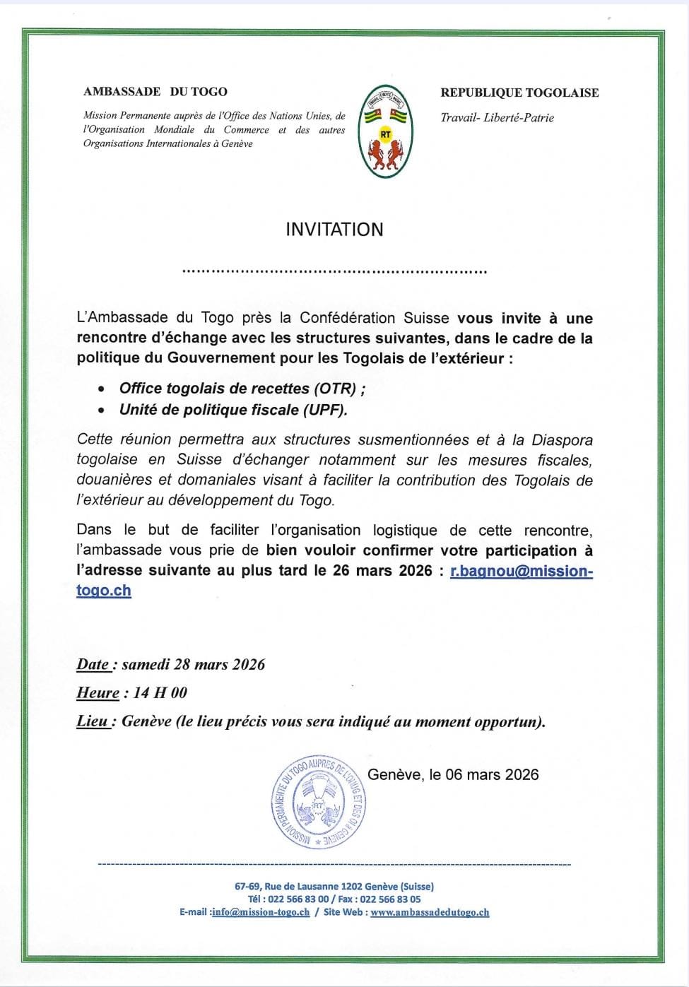 Invitation à une rencontre d’échange avec l’OTR et l’UPF à Genève