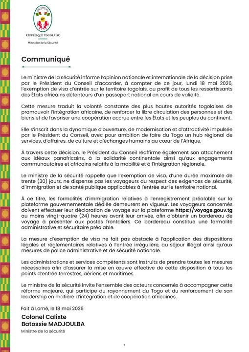 TOGO : EXEMPTION DE VISA POUR TOUS LES RESSORTISSANTS AFRICAINS — EFFECTIVE DÈS LE 18 MAI 2026